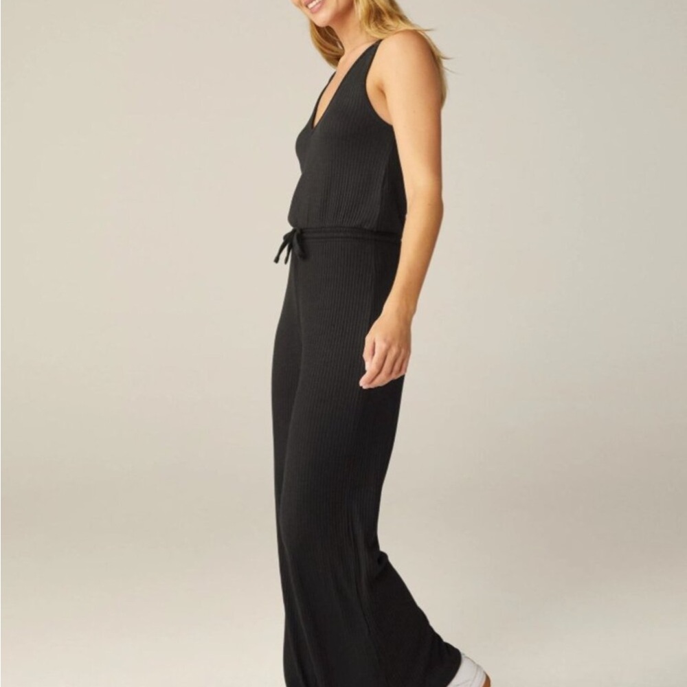 NWOT Beyond Yoga Jetsetter Black Ribbed Jumpsuit w/ Drawstring Waistband - Picture 3 of 12